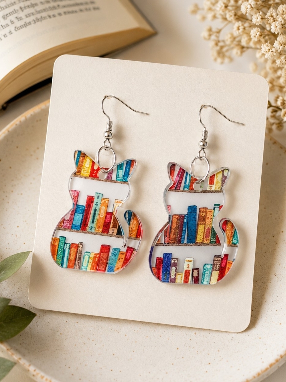 Cat Silhouette Earrings with Colorful Bookshelf New Dangle Drop Earrings